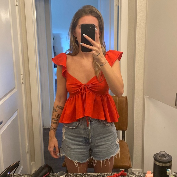 Red Peplum Ruffle Top - Picture 2 of 3